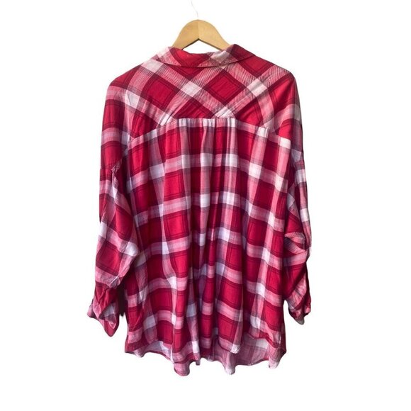 Torrid Long Sleeve Red‎ Pink Plaid 3/4 Roll Tab Sleeves Button Down 3XL - Picture 7 of 10